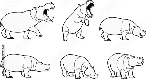 Delightful hippo outlines for creative projects, charming illustrations of hippopotamus in various poses, perfect for children's books and educational resources