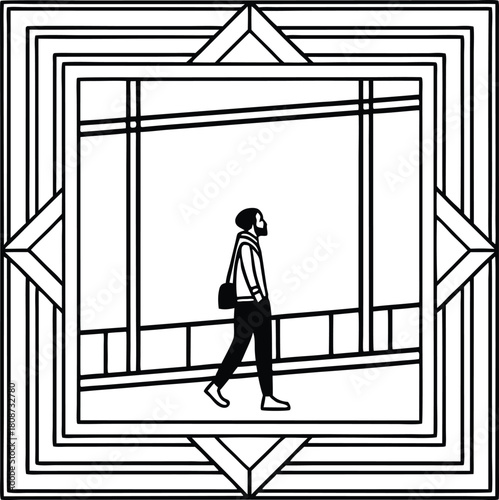 Stylish minimalist illustration of a person walking in urban environment, framed by geometric art deco design, conveying modern lifestyle and solitude