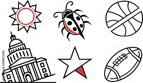 Playful icon collection featuring sun, ladybug, basketball, capital building, star, and football for vibrant designs and diverse creative projects, scalable art