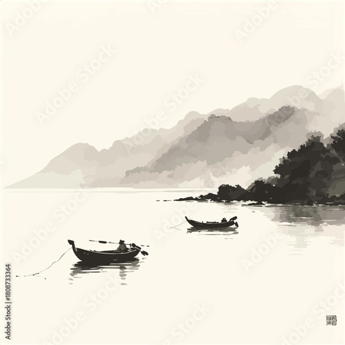 Minimalist ink wash painting landscape with fishing boats and sea coast. Traditional Japanese ink wash painting sumi-e.