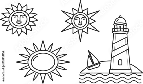 Whimsical seaside line art featuring charming sun faces, a classic lighthouse, and a sailboat, perfect for summer designs and coastal themes