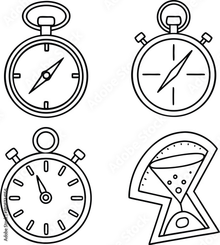 Elegant outline icons of compass, stopwatch, and hourglass create a timeless navigational concept, perfect for travel, exploration, and adventure themes