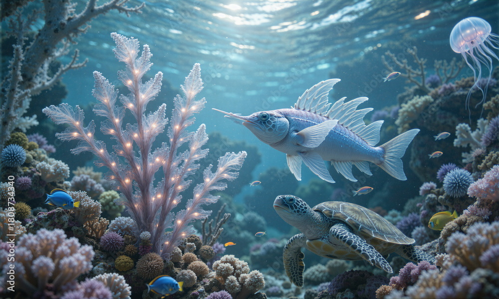 Obraz premium A painting depicting life underwater. Rich in plant and animal life. Beautiful light and great detail.