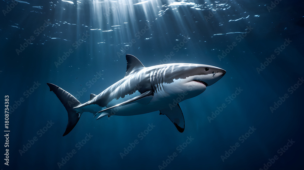 Obraz premium A powerful great white shark swims gracefully in the deep blue ocean, its impressive form illuminated by beautiful sun rays filtering through the water