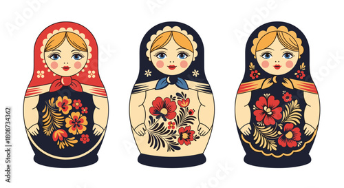 Three traditional Russian nesting dolls with floral patterns on a white background.