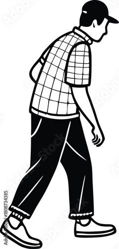 Contemplative man walking alone, wearing casual clothes and cap, a simple life moment depicted with clarity, ideal for lifestyle and character designs