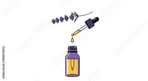 Illustration of a lavender sprig with a dropper dispensing essential oil into a purple bottle.