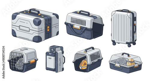 Collection of modern luggage and pet carriers in various styles and colors.