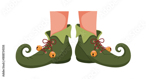 Pair of green elf boots with curly toes and gold bells, worn by cartoon legs.