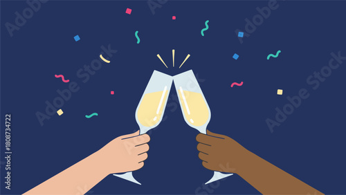 Vibrant illustration of diverse hands clinking champagne glasses in a joyful toast, with colorful confetti falling, symbolizing celebration, partnership, and shared happy moments