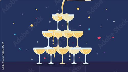 Elegant Champagne Tower Being Poured for a Festive Celebration, Symbolizing Success and Joy at a Party Event with Sparkling Confetti
