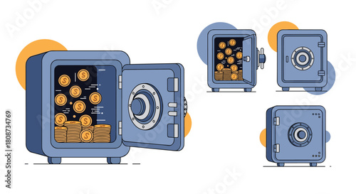 Collection of illustrations depicting safes filled with coins and closed safes.