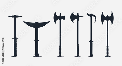 Silhouettes of various medieval axes and polearms against a light background.