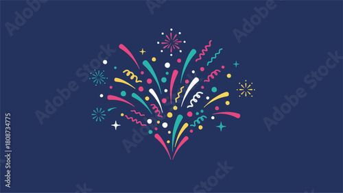 Vibrant abstract fireworks explosion with colorful confetti and streamers, a festive graphic illustration perfect for celebration and party designs