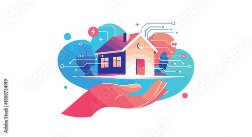 Illustration of a smart home concept with a house on a hand and digital connections.