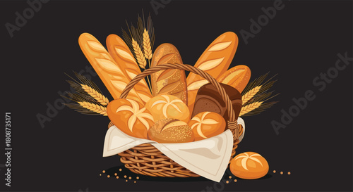 A woven basket overflowing with a variety of freshly baked breads and wheat stalks.