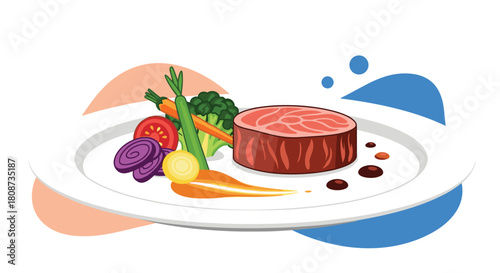 A delicious beef steak served with fresh vegetables and a savory sauce on a white plate.
