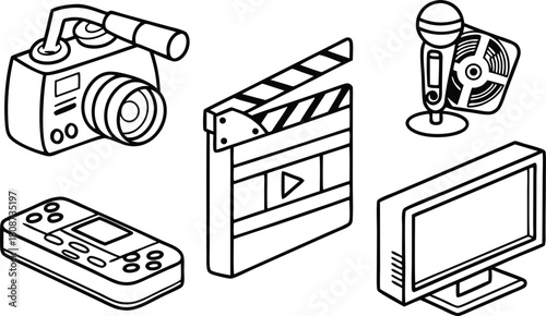 Retro media technology icons for content creation, perfect for nostalgic designs and vintage tech projects, a scalable vector graphic ideal for customization