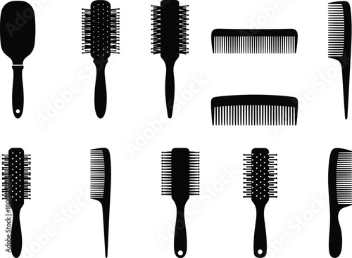 Silhouette vector set of combs and hairbrushes for hair grooming, styling, detangling, curling, smoothing, beauty salon and accessories