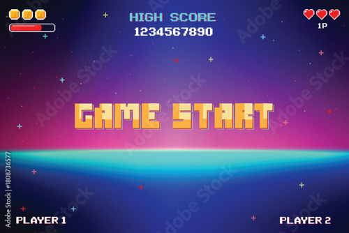 GAME START. pixel art. 8 bit game. retro game. for game assets in vector illustrations. arcade gaming.