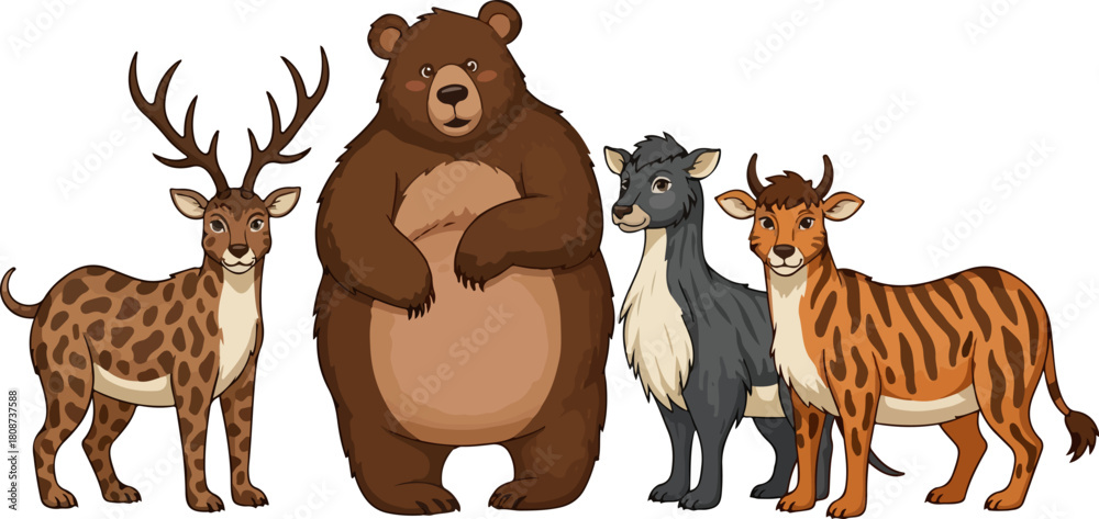 Naklejka premium Cute Wildlife in a Row Deer, Bear, and Antelope Wildlife Harmony