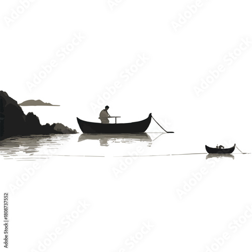 Minimalist ink wash painting landscape with fishing boats and sea coast. Traditional Japanese ink wash painting sumi-e.