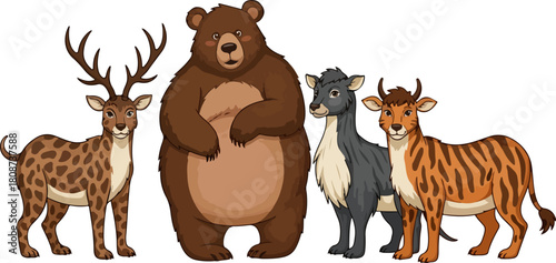 Cute Wildlife in a Row Deer, Bear, and Antelope Wildlife Harmony