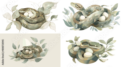 Elegant watercolor snake curled around its eggs with soft botanical leaves and natural earthy tones. Ideal for wildlife illustration, nature education, and delicate artistic designs.