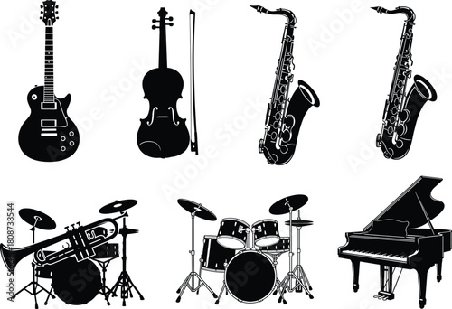 Silhouette vector set of musical instruments including guitar, violin, saxophones, drums, trombone, and piano for music-themed design projects