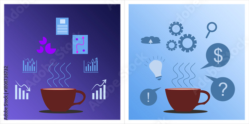 A modern flat vector illustration representing business inspiration and strategic planning that emerges during a morning coffee break