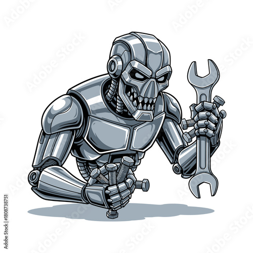 Futuristic mechanic robot holding wrench and bolts ready to fix anything with its advanced technology offering modern solutions for your needs