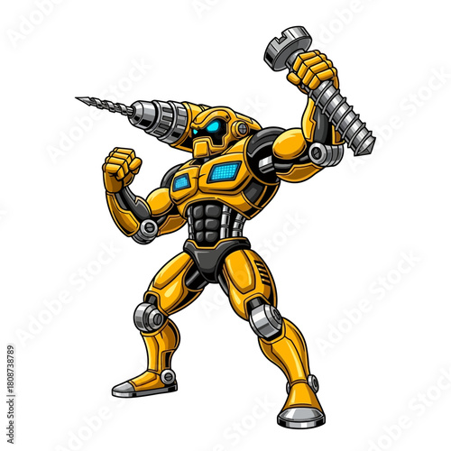 Powerful construction robot warrior ready to build and defend with drill and screw, ideal for engineering concepts and innovative tech designs