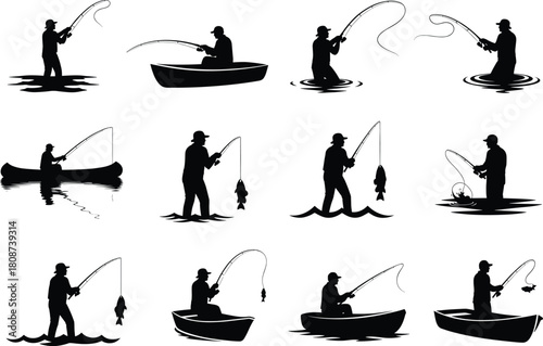 Silhouette vector set of people fishing in boat, river, and shore with rod, fish catch, outdoor activity and nature