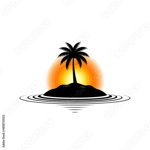 Dreamy tropical island escape with palm tree silhouette at sunset, perfect for travel inspiration and vacation vibes, exuding tranquility and relaxation