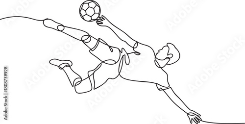 Continuous single line drawing of a young man performing a dynamic soccer freestyle bicycle kick with fluid acrobatic motion in minimalist outline vector illustration