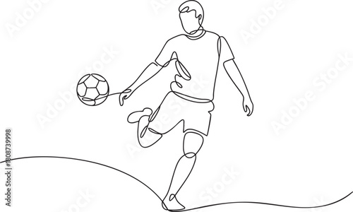 Continuous single line drawing of a young man performing a dynamic soccer freestyle bicycle kick with fluid acrobatic motion in minimalist outline vector illustration