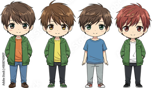 chibi, anime, character, cute, cartoon, illustration, kawaii, boy, colorful, standing, group, style, design, outfit, hairstyle, expression, pose, redhead, green eyes, fashion