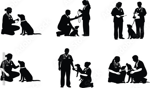 Silhouette veterinarians examining dogs, animal health checkup vector illustration for veterinary clinic, pet treatment, professional dog care and medical consultation design