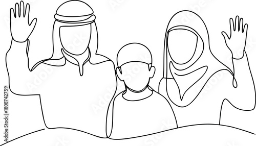 Continuous line drawing of muslim family waving hands