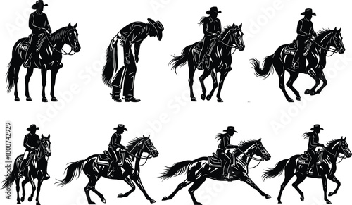Cowboy cowgirl horse silhouettes, western riding poses, galloping horses, ranch lifestyle, black vector icons, rodeo action scenes