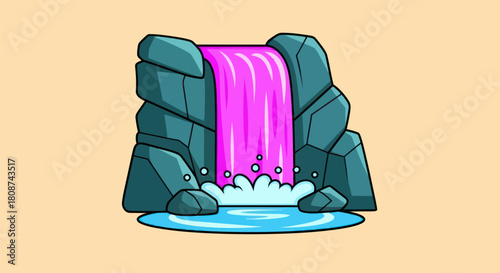 Vibrant Pink Waterfall Cascading Between Rocks into a Blue Pond.