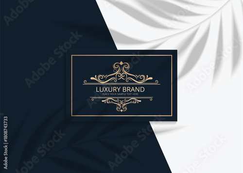 A sophisticated dark blue and gold brand name card template featuring ornate scrollwork. Ideal for luxury branding, business cards, invitations, and premium packaging.