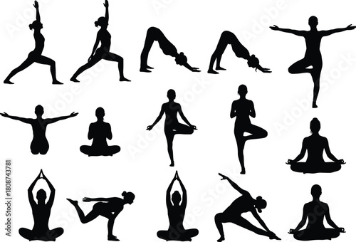 Silhouette yoga poses collection of women performing meditation and stretching exercises for fitness, balance, relaxation, health, and spiritual wellness vector illustration
