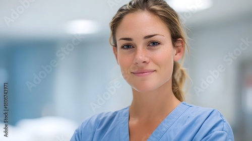 A professional female healthcare worker in blue scrubs offers a warm confident smile in a bright medical environment Free Download A professional female healthcare worker in blue scrubs offers a warm confident smile in a bright medical environment - GFXLoad