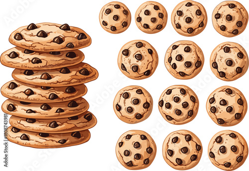 Delicious chocolate chip cookies, stacked crispy cookies, sweet baked treats, dessert background, tasty snack illustration, bakery food concept, crunchy biscuits artwork