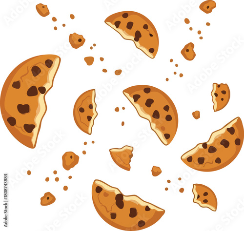 Illustration of broken chocolate chip cookies scattered on a white background with crumbs and chunks.