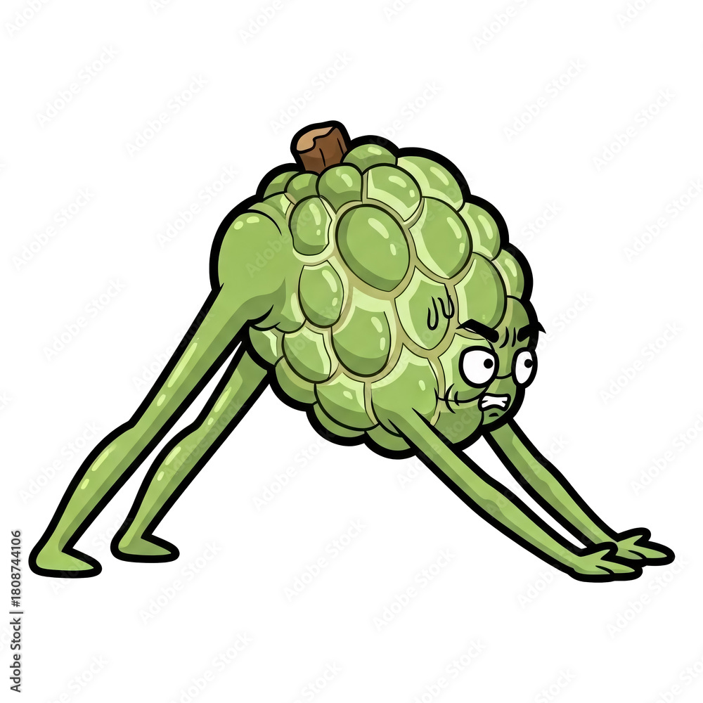Fototapeta premium Funny Cartoon Artichoke With Arms And Legs Doing Yoga Downward Dog Pose