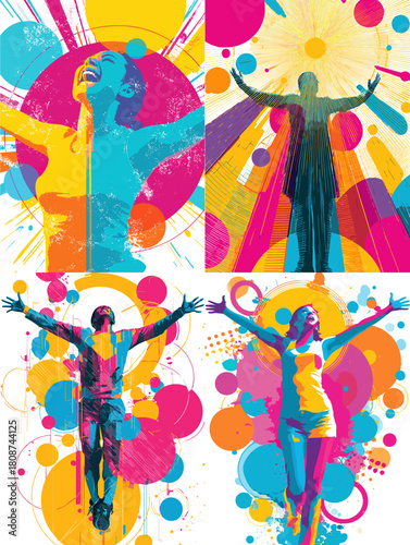 Colorful energetic illustrations of joyful human figures with arms raised surrounded by abstract shapes. Dynamic artwork perfect for festival posters wellness themes inspirational designs and modern d