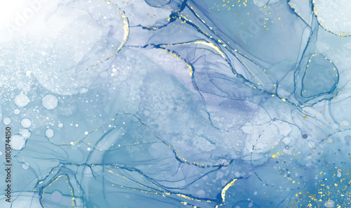 Pastel cyan mint liquid marble watercolor background with gold lines and brush stains. Teal turquoise marbled alcohol ink drawing effect. Vector illustration backdrop, watercolour wedding invitation.