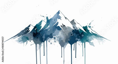 Abstract blue mountain range illustration with watercolor splatter and splash effects, a vector graphic isolated on a white background. c